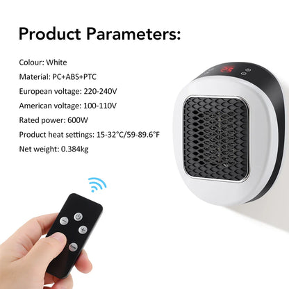 Portable PTC Electric Heater – EU/US Wall-Plug, Adjustable Temperature, Low-Noise Home & Bathroom Warmer
