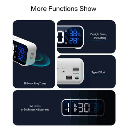 Music LED Digital Alarm Clock: Voice Control, Temperature Humidity Display - Desktop Home Table Decoration, Built-in 1200mAh Battery