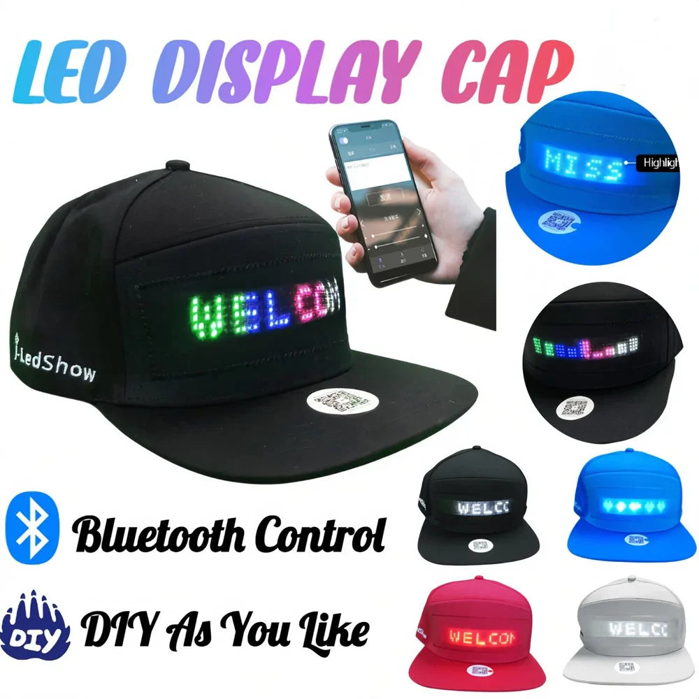 Unisex Baseball Cap with USB Rechargeable Bluetooth – APP Programmable LED Scrolling Message Display, Hip Hop Street Snapback Hat