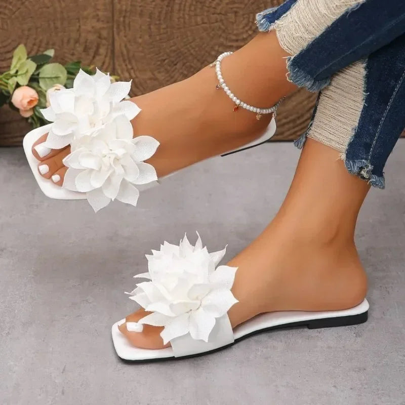 Women's Floral Flat Slippers - Solid Color Open-Toe Summer Beach Slides