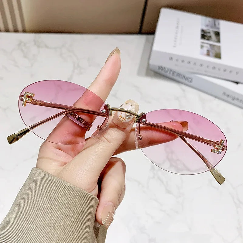 Elegant Diamond Oval Rimless Sunglasses — Men’s “F” Letter Car Sunglasses Model 90902