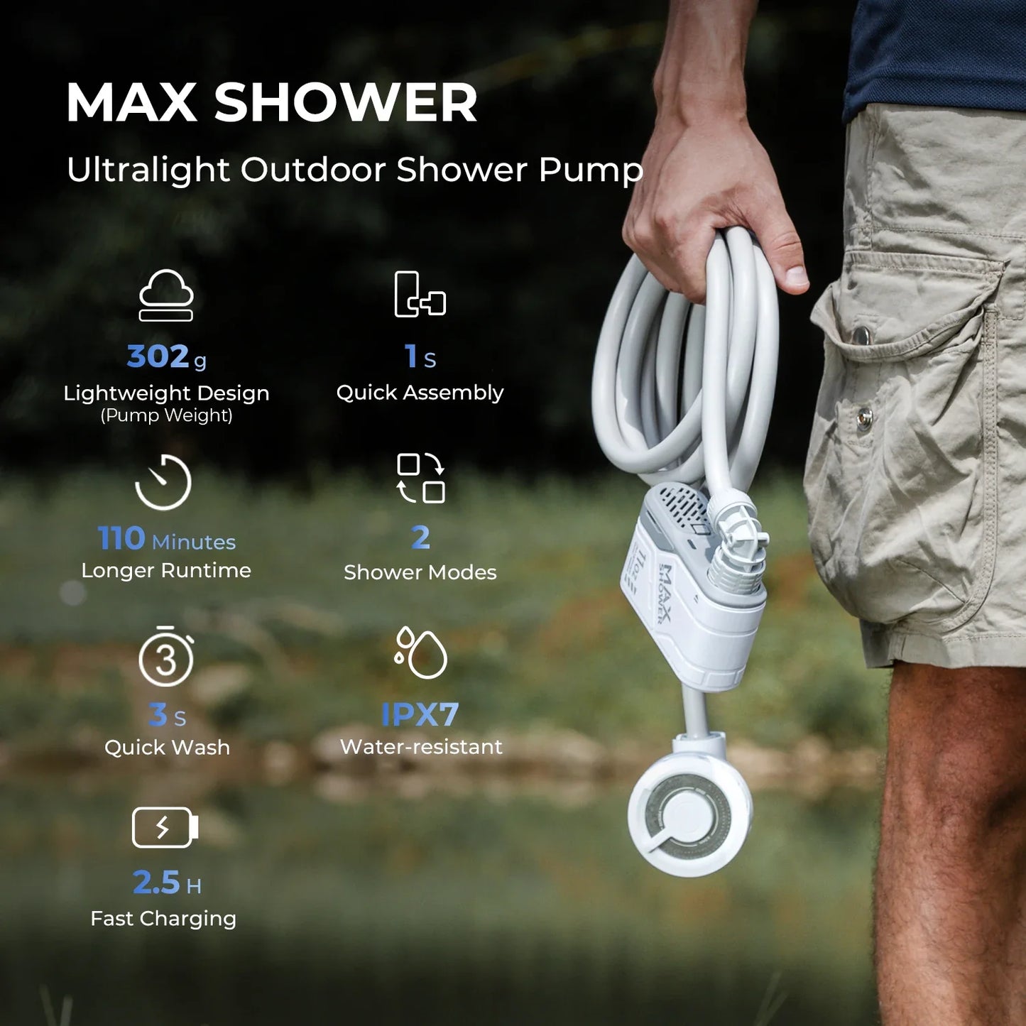 FLEXTAIL Portable Outdoor Camping Shower - Electric Shower Pump, IPX7 Waterproof for Outdoor, Car Washing, Dishwashing, and Pet Use