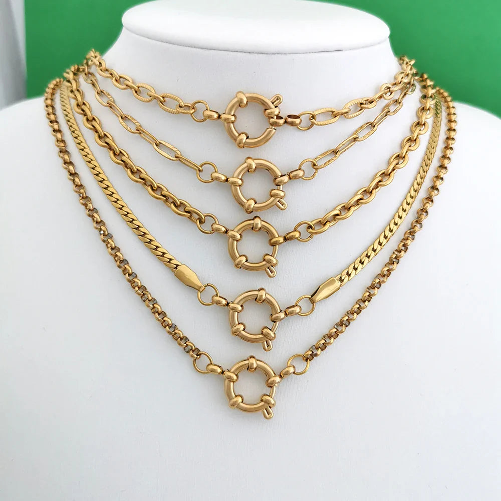 Spring Sailor Clasp Necklace – Stainless Steel Paperclip Link Chain Choker for Women & Men, Geometric PVD Gold Jewelry