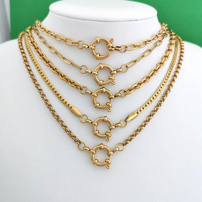 Spring Sailor Clasp Necklace – Stainless Steel Paperclip Link Chain Choker for Women & Men, Geometric PVD Gold Jewelry