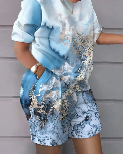 Women’s Printed 2-Piece Shorts Set – Short Sleeve T-Shirt & Elastic Waist Pants Matching Summer Y2K Outfit with Pockets (2025)