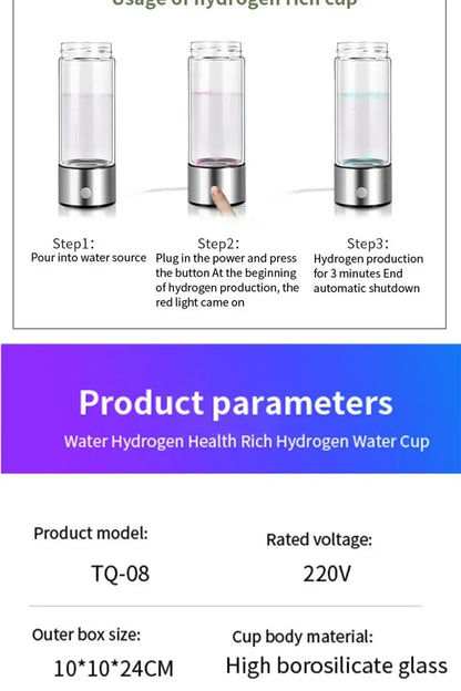 Hydrogen Oxygen Water Cup - H2 Inhalation Device with SPE PEM Dual Chamber Ionizer for Healthcare