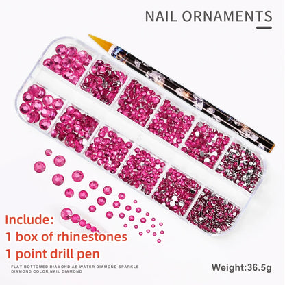 12-Grid 3D Glass AB Crystal Nail Art Rhinestones Kit – Flatback Round Beads with Tools for Nail Jewelry & Diamond Decoration