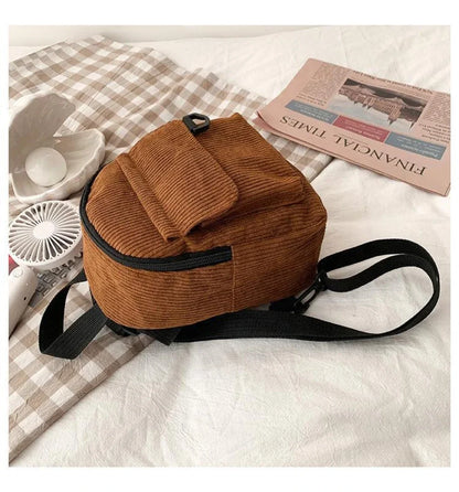 Women's Mini Backpack - Fashionable Solid Color Corduroy Casual Schoolbag with Large Capacity
