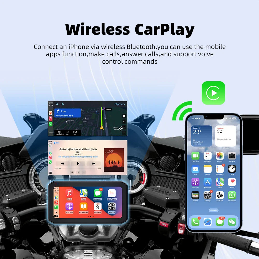 EKIY 6.25" Wireless CarPlay Motorcycle Display – Android Auto GPS Navigation Screen with TPMS Monitoring Portable Dashboard Unit