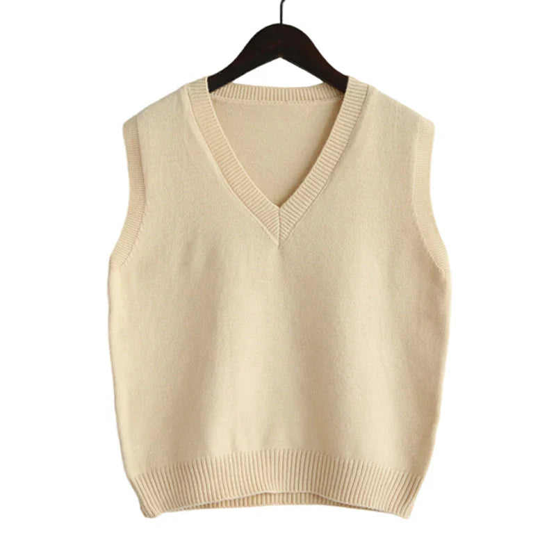 2025 Korean Fashion Women’s Sleeveless V-Neck Sweater Vest – Solid Color Knit Pullover Waistcoat