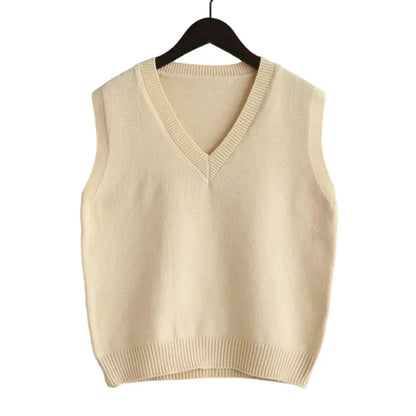2025 Korean Fashion Women’s Sleeveless V-Neck Sweater Vest – Solid Color Knit Pullover Waistcoat