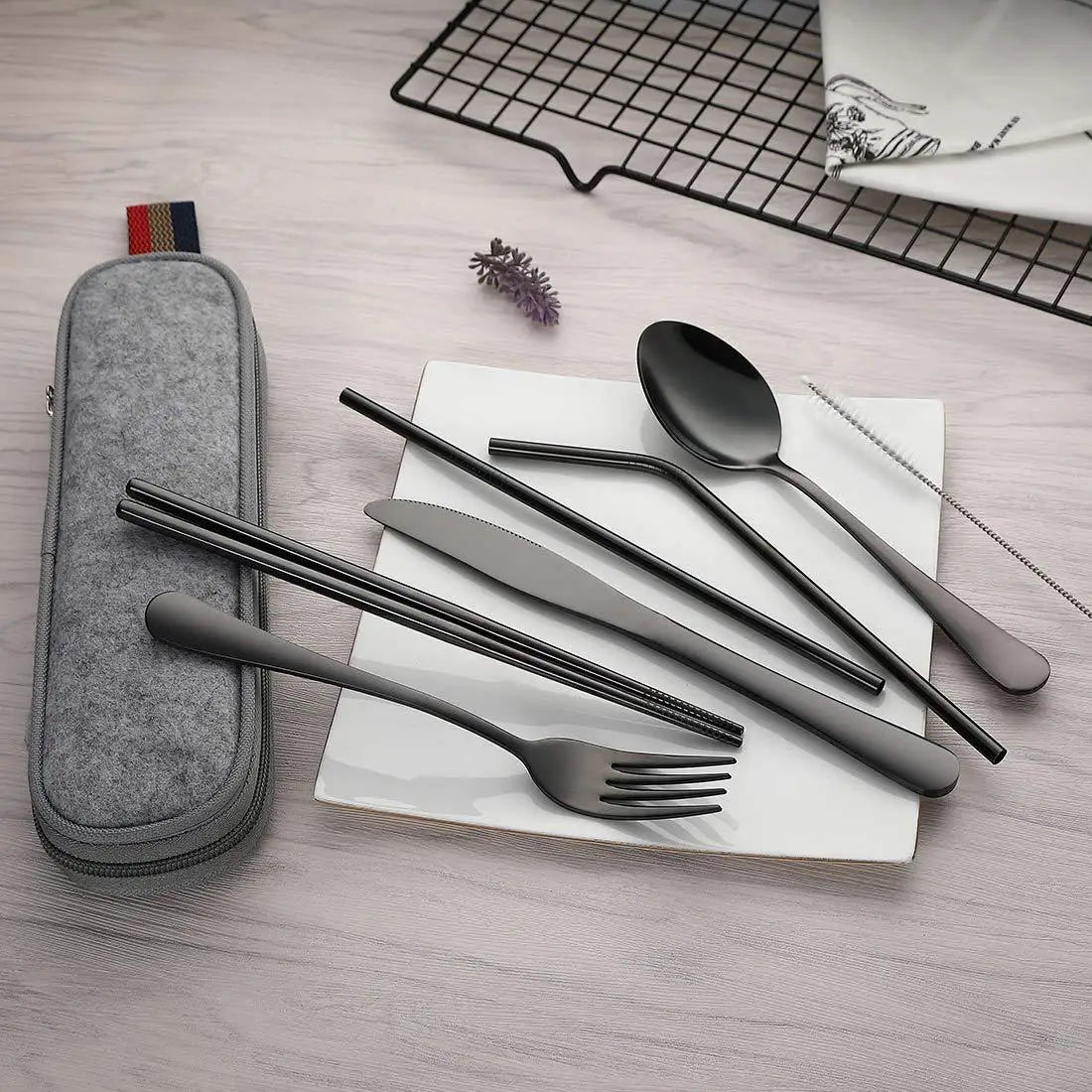 Portable Stainless Steel Travel Cutlery Set - 8Pcs Reusable Utensils with Spoon, Fork, Chopsticks, Straw & Case