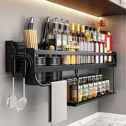 Wall-mounted Kitchen Organizer Shelf: Spice Storage Rack with Knife Holder - Seasoning Chopstick Spoon Shovel Storage