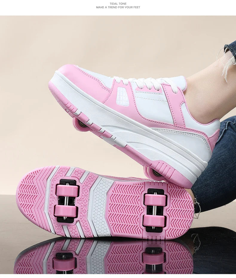 Four-Wheel Roller Shoes for Boys & Girls – Casual Outdoor Sports Sneakers with Pulleys, Slide & Shrink School Walking Shoes