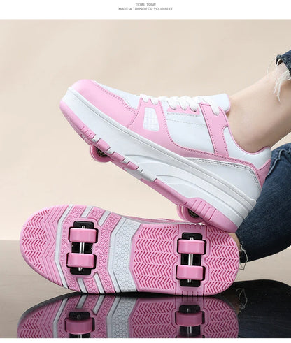 Four-Wheel Roller Shoes for Boys & Girls – Casual Outdoor Sports Sneakers with Pulleys, Slide & Shrink School Walking Shoes