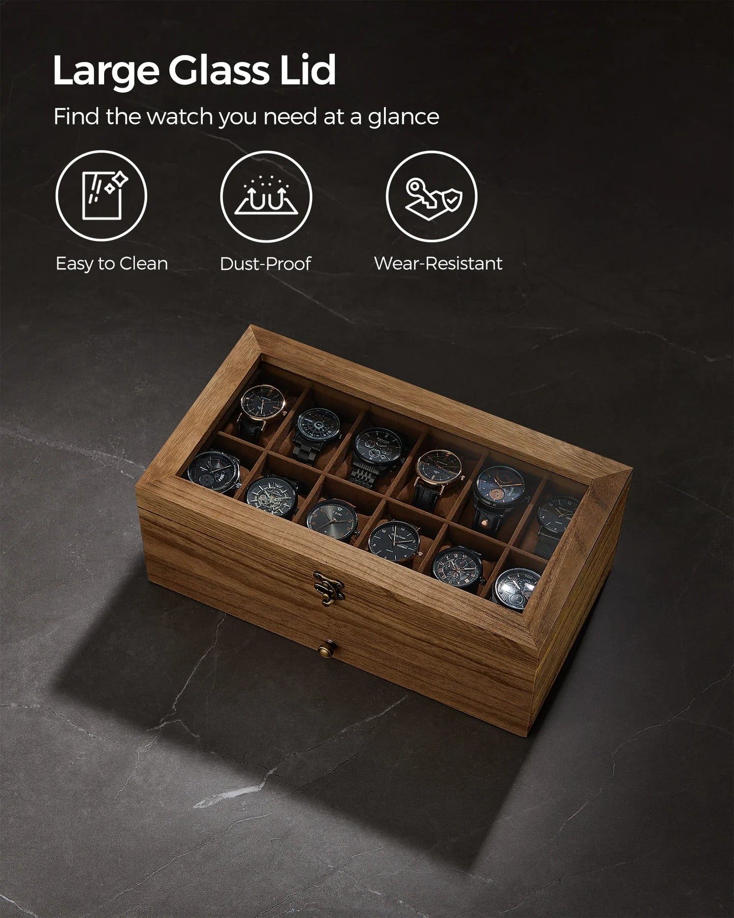 SONGMICS 12-Slot Watch Box – 2-Tier Watch Display Case with Glass Lid, Removable Pillows & Velvet Lining Jewelry Organizer