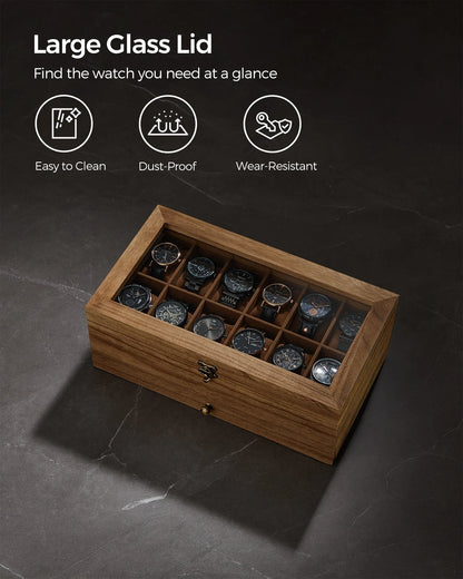 SONGMICS 12-Slot Watch Box – 2-Tier Watch Display Case with Glass Lid, Removable Pillows & Velvet Lining Jewelry Organizer