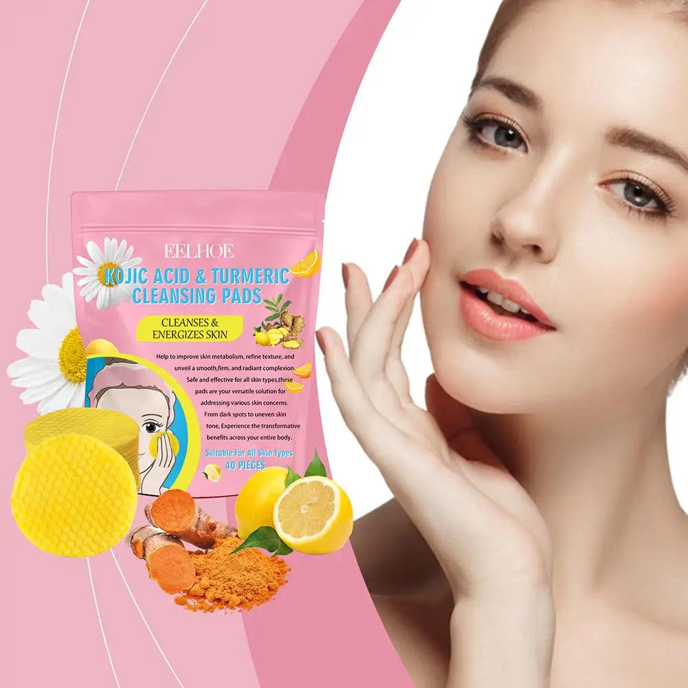 40/50pcs Turmeric & Kojic Acid Exfoliating Cleansing Pads – Facial Sponges for Daily Skin Care & Deep Cleansing
