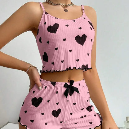Women's 2PC Pajama Set – Soft Sleeveless Tank & Shorts | Casual Sleepwear with Love Print (S- L, White)
