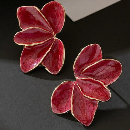 Metal Flower Red Enamel Petal Post Earrings — Trendy Fashion Jewelry for Women, Daily & Holiday Accessories MQ478