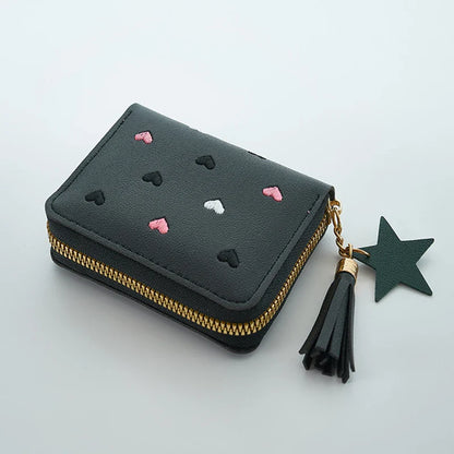 Pu Leather Mini Wallet for Women - Multifunctional Money Clip with Love Embroidery and Certificate Storage