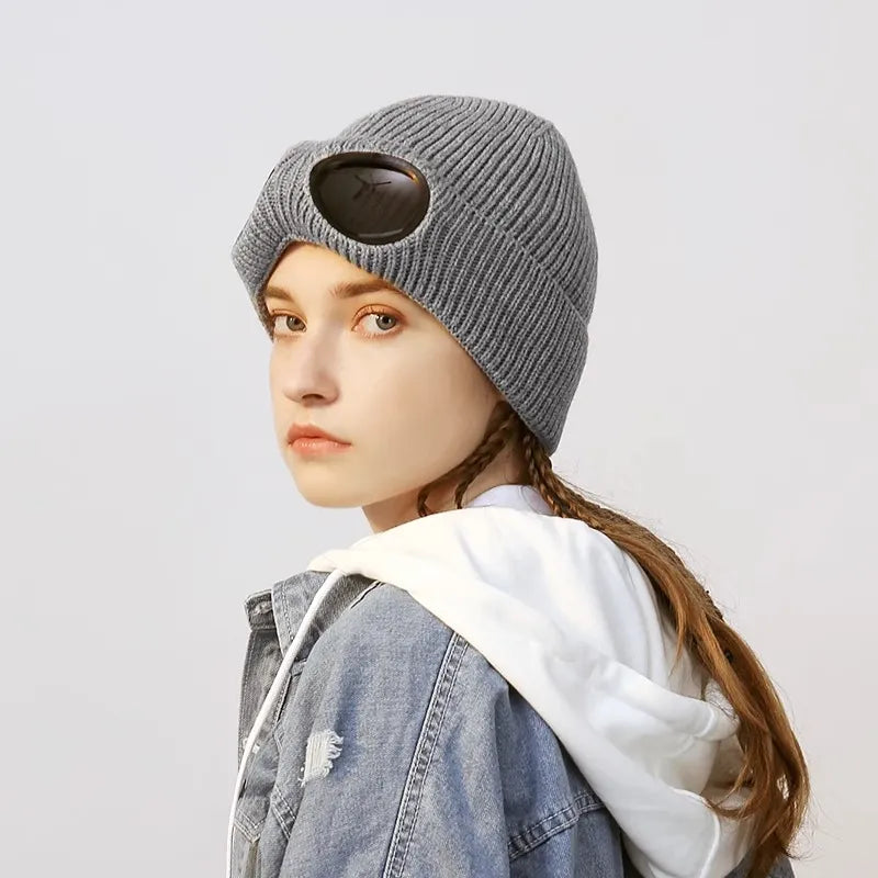 Winter Brimless Hat with Goggles: Unisex Solid Color Skull Knitted Headwear for Cold Weather