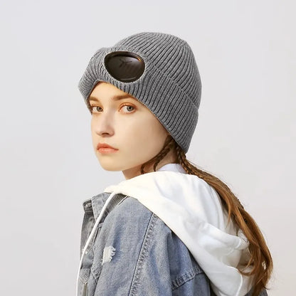 Winter Brimless Hat with Goggles: Unisex Solid Color Skull Knitted Headwear for Cold Weather