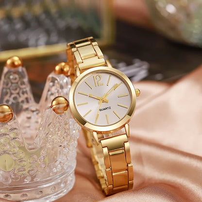 2PCS Set Luxury Women's Watches – Simple Dial, Hollow Strap Gold Bracelet Quartz Wristwatch for Students & Ladies