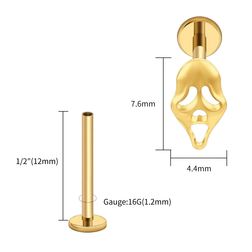 Right Grand ASTM F136 Titanium 16G Ghost Face Flat Back Earring – Halloween CZ Cartilage Stud for Helix, Labret & Nose Piercing Jewelry
