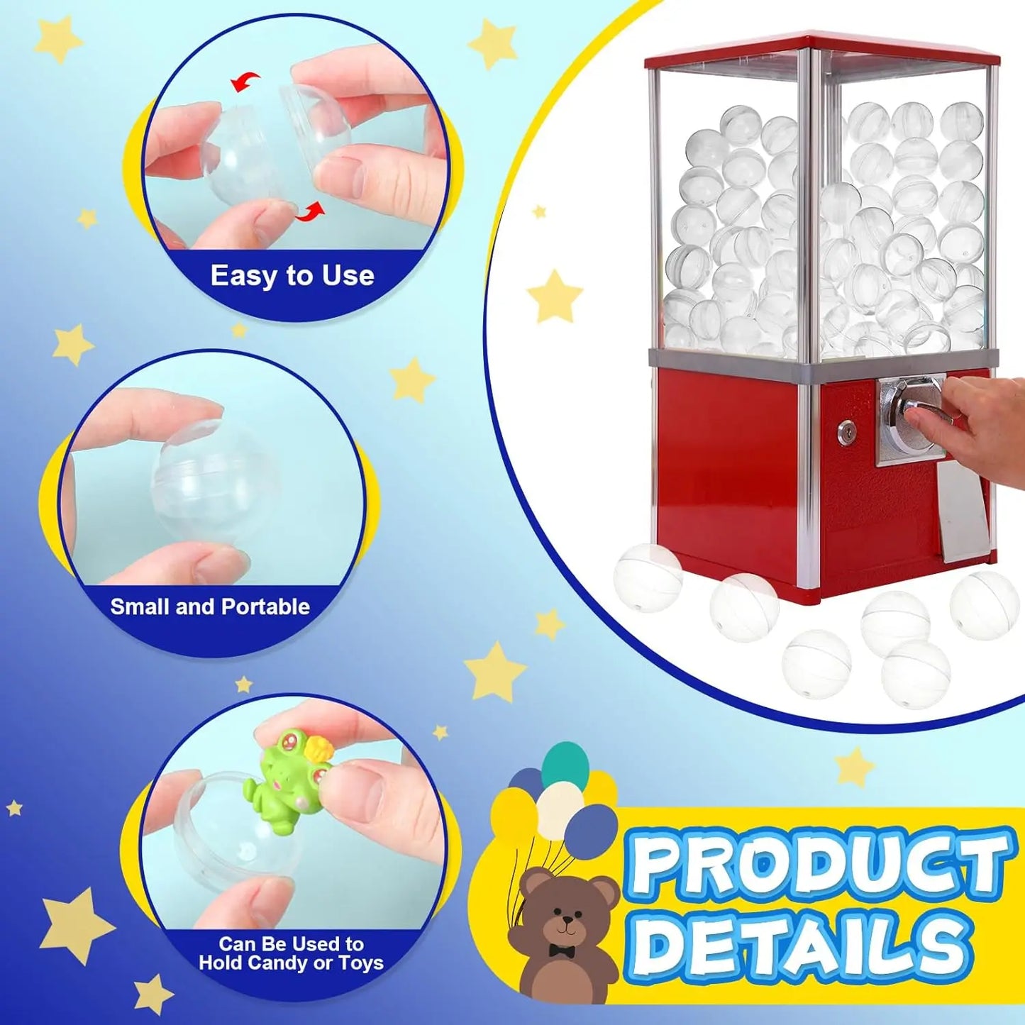 100pcs Clear Plastic Capsules – Round Empty Containers for Gumball Machines, Vending Prizes, DIY Crafts & Bulk Supplies