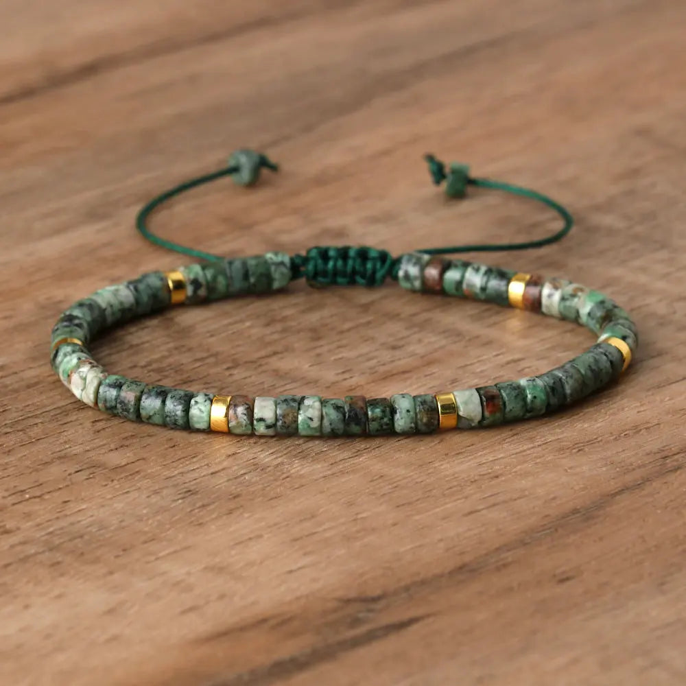 Natural Blue Emperor Stone Beaded Bracelet – Polished Block Beads, Adjustable Woven Rope Women’s Gift Jewelry