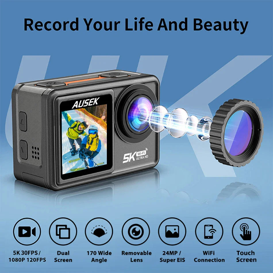 AUSEK S81TRW 5K Action Camera – 4K60FPS, 48MP, EIS, 5X Zoom, 1080P Webcam, Wi-Fi Vlog Sports Cam with Remote & Optional Filters