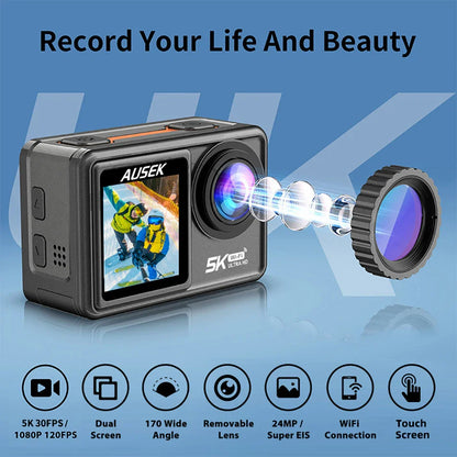 AUSEK S81TRW 5K Action Camera – 4K60FPS, 48MP, EIS, 5X Zoom, 1080P Webcam, Wi-Fi Vlog Sports Cam with Remote & Optional Filters