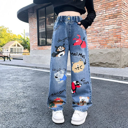 New 2024 Teenage Girls’ Blue Street Cartoon Jeans – Elastic Mid-Waist Loose Wide-Leg Denim Pants for Spring Fashion