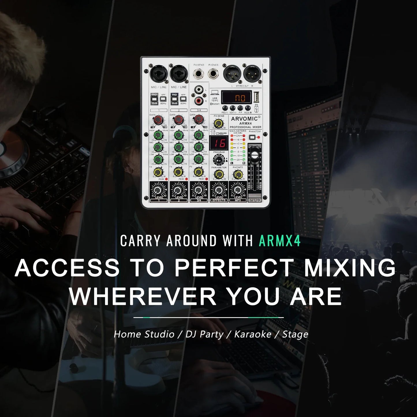 ARVOMIC 4-Channel DJ Audio Mixer – USB Interface, Bluetooth, 16 DSP Effects & 3-Band EQ (ARMX-4)