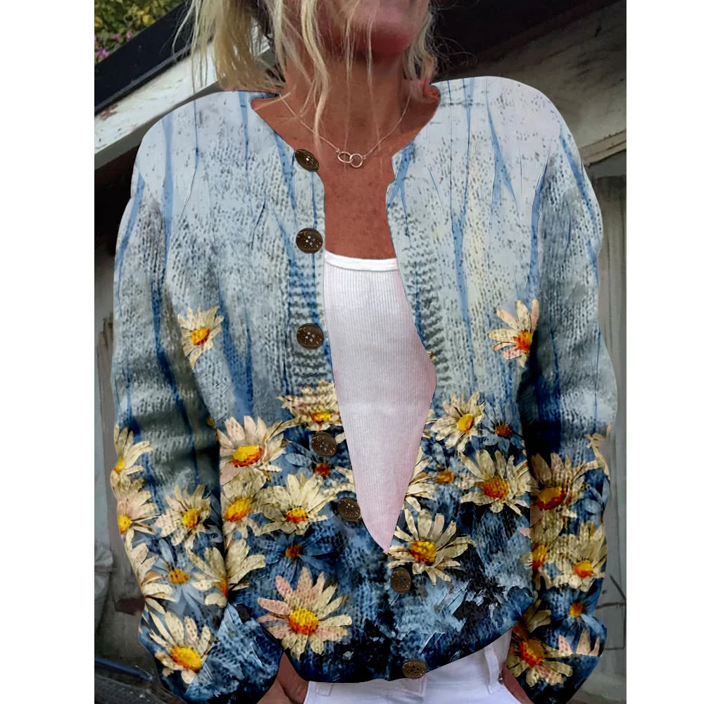 Women’s 3D Print Knitted Cardigan – Thin Vintage Sweater Autumn Winter Chic Knit Top Casual Streetwear