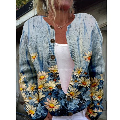 Women’s 3D Print Knitted Cardigan – Thin Vintage Sweater Autumn Winter Chic Knit Top Casual Streetwear