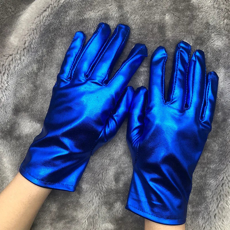 Gold Silver Metallic Faux Leather Short Gloves – Sexy Wet Look Party, Evening & Performance Mittens Handwear