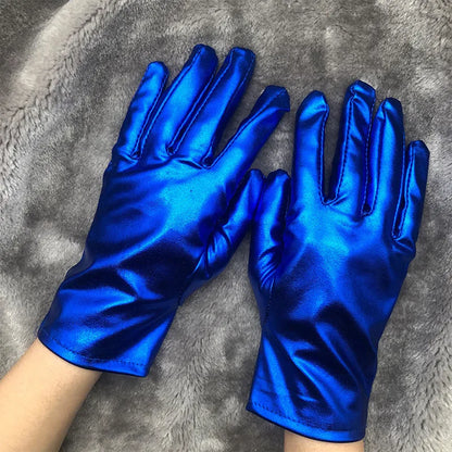 Gold Silver Metallic Faux Leather Short Gloves – Sexy Wet Look Party, Evening & Performance Mittens Handwear