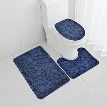 Solid Color Simple Bathroom Mat Set - Water-Absorbing, Non-Slip Stone Pattern, Comfortable & Soft (3PC)