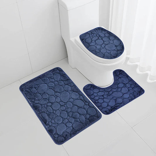 Solid Color Bathroom Floor Mat Set – Water-Absorbing, Non-Slip Stone Pattern, Comfortable & Soft 3-Piece Set