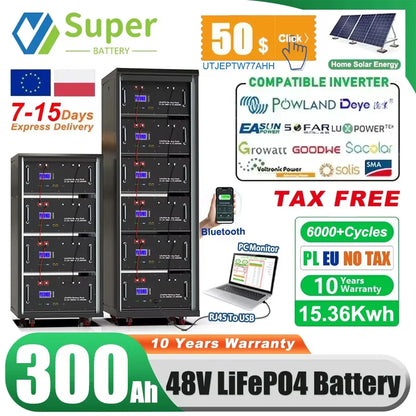 LiFePO4 48V 300Ah 15kWh Battery Pack – 6000+ Cycles, Bluetooth, RS485 CAN BMS, 51.2V Options, EU Stock