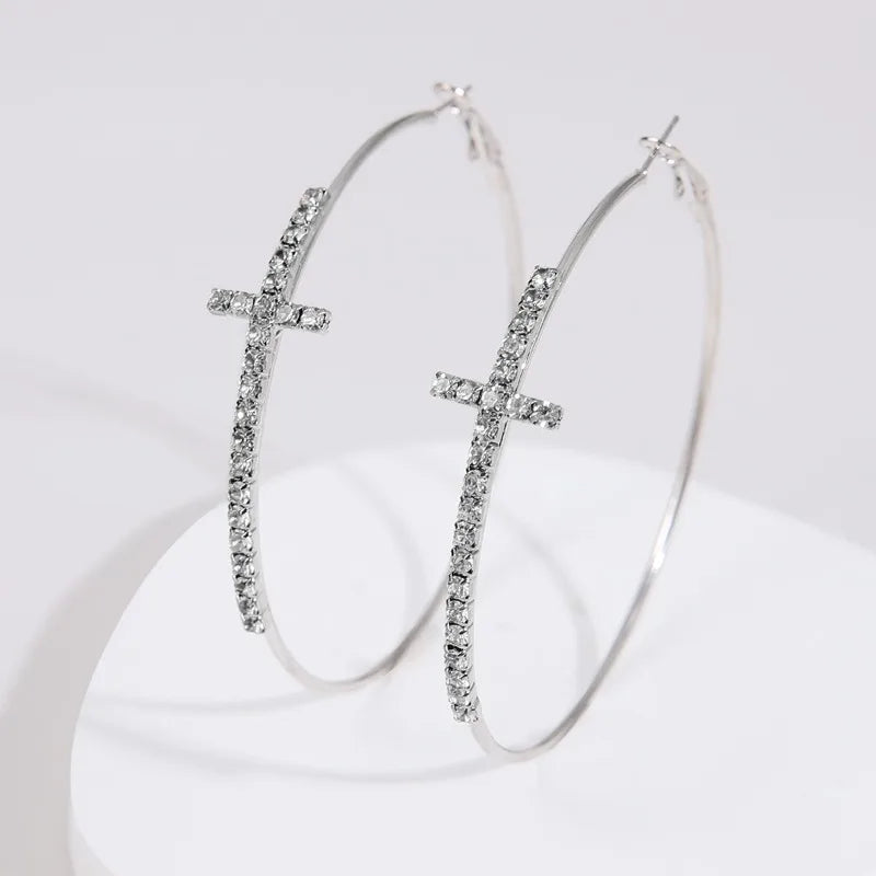 Women’s Shiny Large Circle Cross Hoop Earrings – Rhinestone Geometric High-End Fashion Jewelry