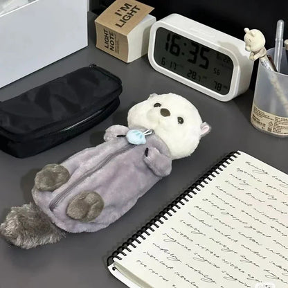 Cartoon Plush Sea Otter Pencil Case – Soft Pen Pouch & Makeup Bag, Portable School Supplies Holder