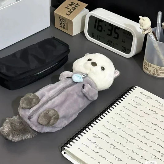 Cartoon Plush Sea Otter Pencil Case – Soft Pen Pouch & Makeup Bag, Portable School Supplies Holder