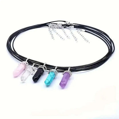 40/30PCS Hexagonal Chakra Crystal Pendant Set – Synthetic Quartz Points with Leather Necklace Chain & Storage Bag