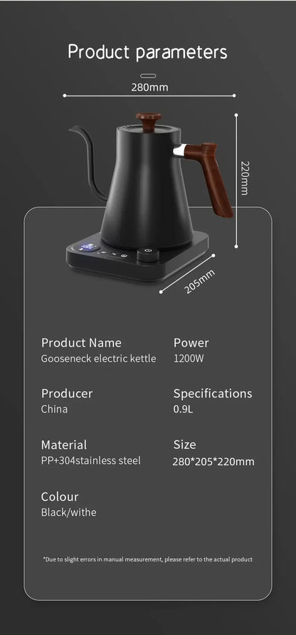 Electric Gooseneck Kettle 900ml — Smart Hand Brew Coffee Pot with Temperature Control & Rapid Heating, 110V/220V