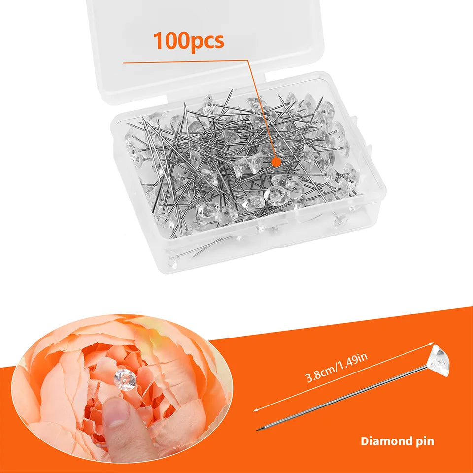 KRABALL 100pcs Diamond Bouquet Pins – Crystal Rhinestone Floral Corsage Pins for Wedding Bouquets & Bridal Decorations