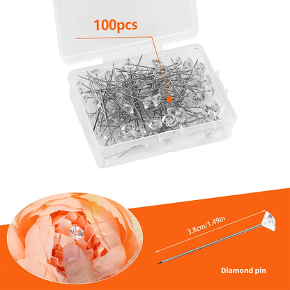 KRABALL 100pcs Diamond Bouquet Pins – Crystal Rhinestone Floral Corsage Pins for Wedding Bouquets & Bridal Decorations