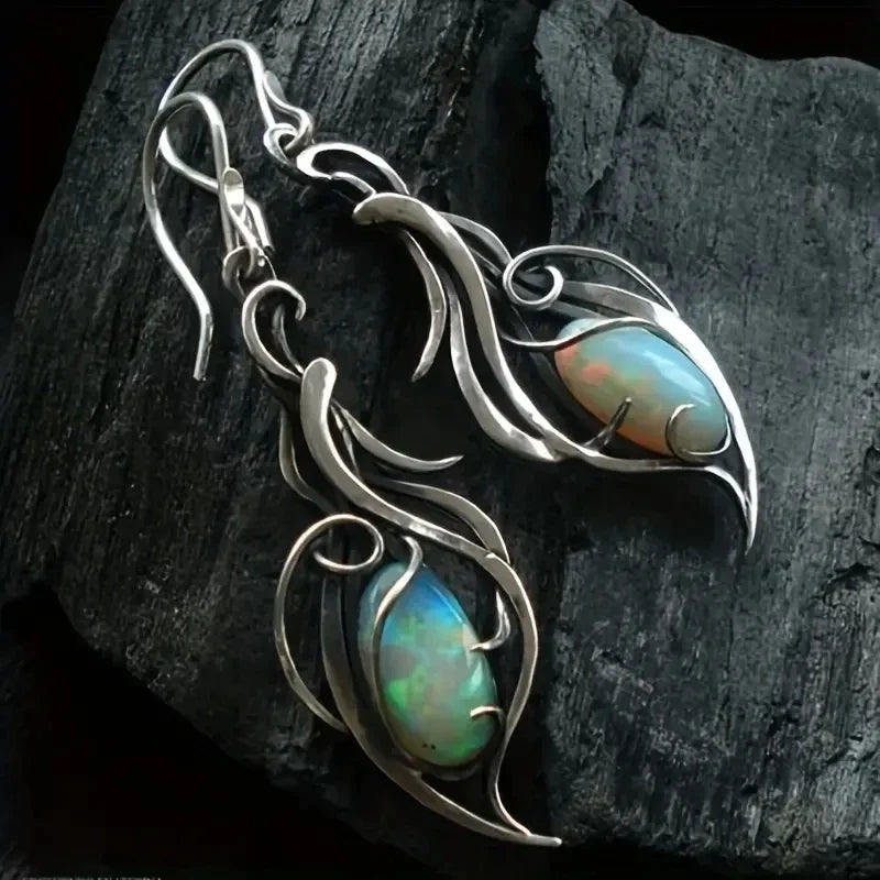 Bohemian Opal Dangle Earrings - Elegant Silver Plated Jewelry for Holidays & Special Occasions